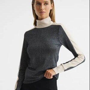 REISS glitter Jem Metallic Contrast Roll Neck Jersey In Silver
